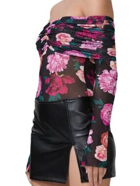 AFRM Black Mesh Top with Pink Floral Accents